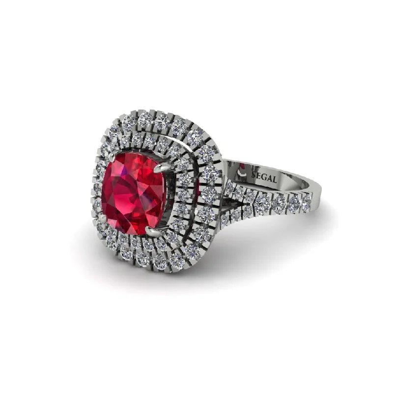 ladies engagement ring gradient-Ruby Double Halo Cushion Cut Engagement Ring - Courtney No. 12