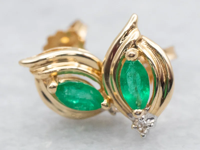 ladies earrings bold gold-Gold Emerald and Diamond Stud Earrings