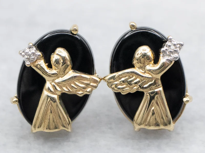 ladies earrings huggie silver-Yellow Gold Black Onyx and Diamond Stud Earrings with Angel