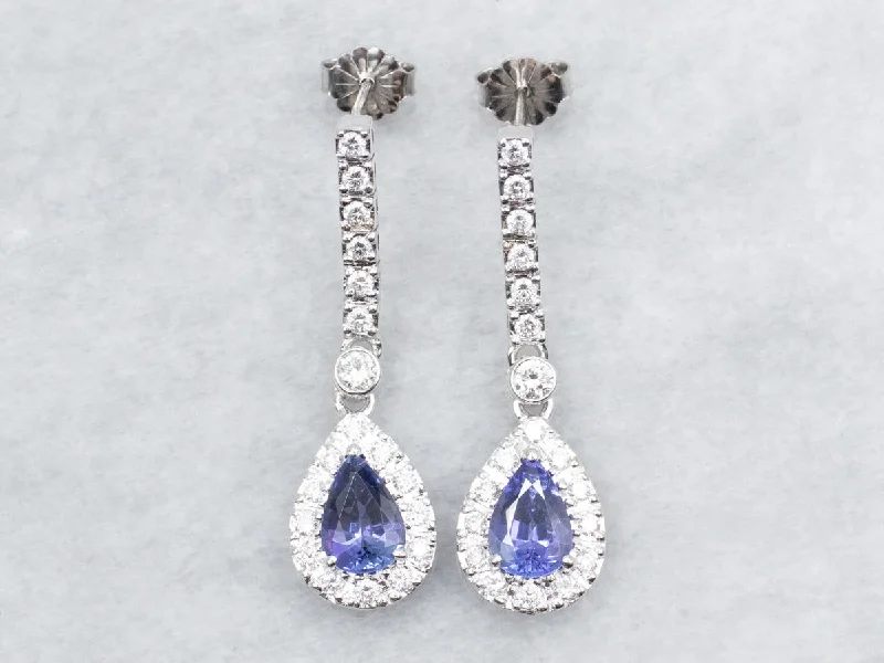 ladies earrings celestial gold-Stunning Tanzanite and Diamond Halo Drop Earrings