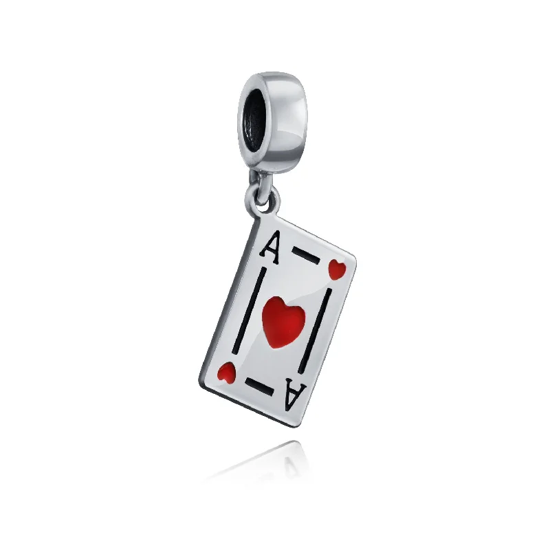 Ladies bracelets sterling silver options-Travel Casino Ace of Hearts Dangle Charm Bead Red Heart Sterling Silver Bracelet