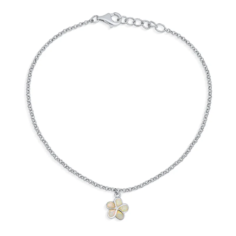 Ladies bracelets light feel styles-White Opal Inlay Plumeria Flower Anklet Ankle Bracelet Sterling Silver