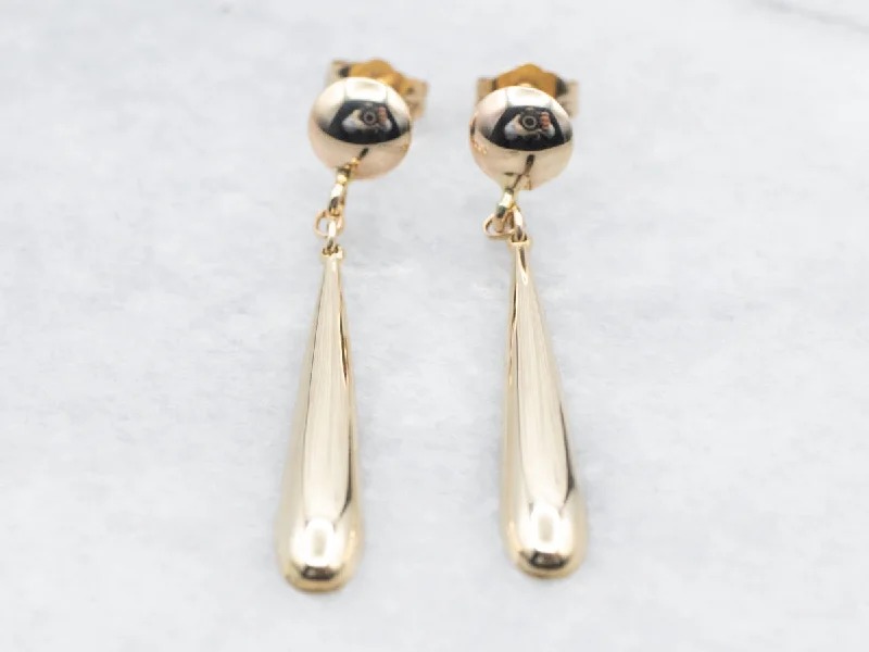 ladies earrings hypoallergenic silver-Yellow Gold Teardrop Shaped Drop Earrings with Round Stud