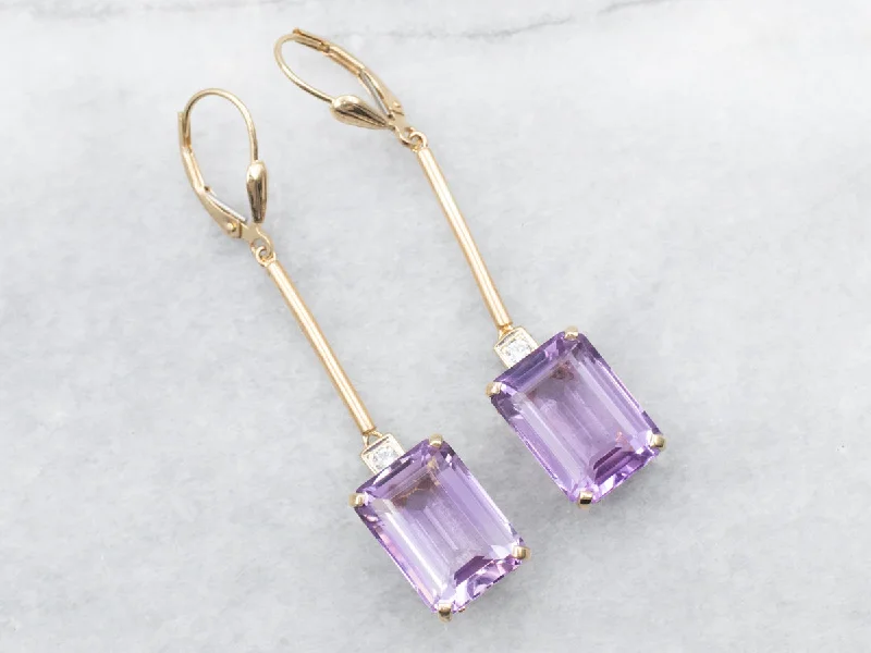 ladies earrings black friday gold-Yellow Gold Amethyst Drop Earrings with Diamond Accent