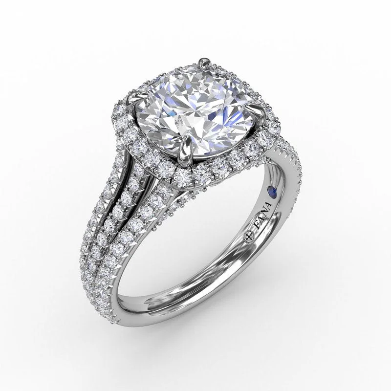 ladies engagement ring side stones-Round Diamond Engagement Ring With Cushion-Shaped Halo and Triple-Row Diamond Band