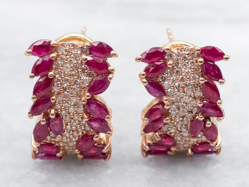 ladies earrings short gold-Rose Gold Ruby and Diamond Stud Earrings