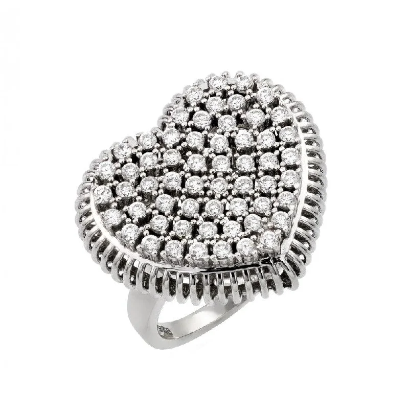 ladies ring hypoallergenic gold-Silver 925 Rhodium Plated Pave Set Clear CZ Heart Ring - GMR00021