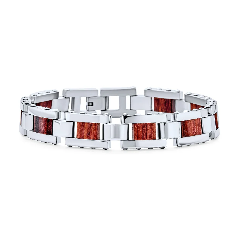 Ladies bracelets cultural celebration styles-Men's Chain Link Bracelet with Rectangle Links and Brown Wood Silver Tone 8-9 Inch