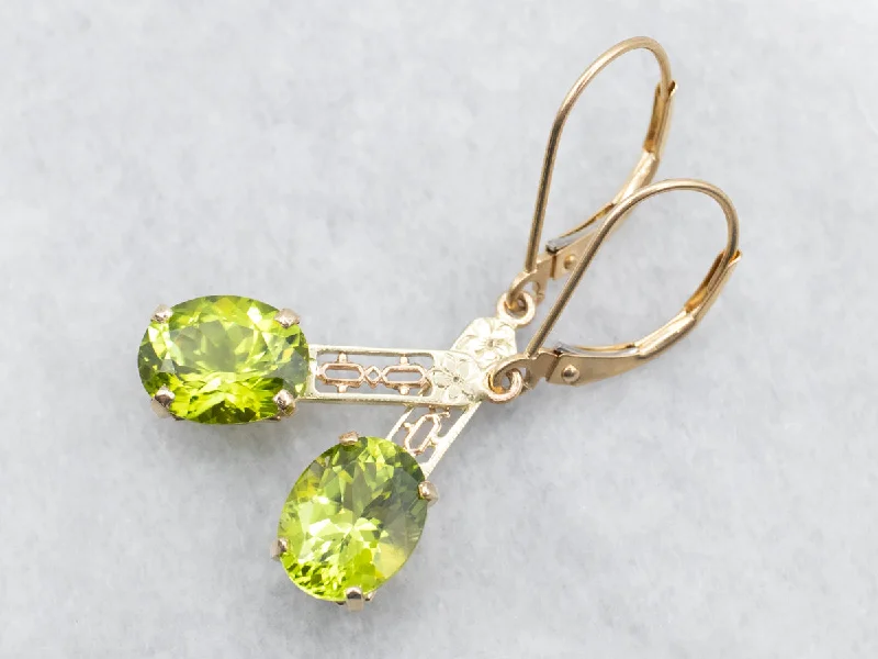 ladies earrings holiday gold-Yellow Gold Peridot Filigree Bar Drop Earrings