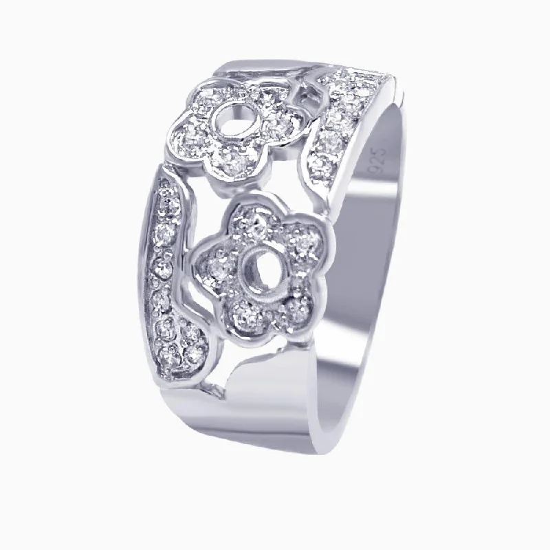 ladies ring etched-Silver 925 Rhodium Plated Pave Clear CZ Flower Ring - AAR0027