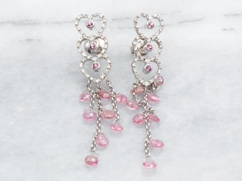 ladies earrings openwork-White Gold Pink Tourmaline and Diamond Triple Heart Stud Dangle Earrings