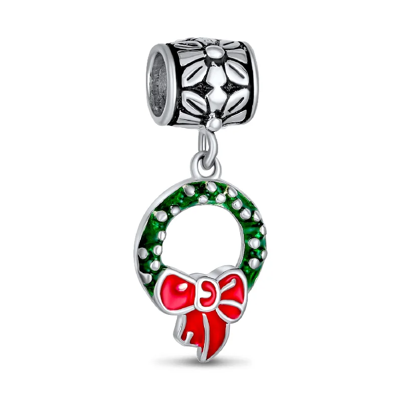 Ladies bracelets iridescent finish designs-Green Wreath Christmas Charm Bead with Red Bow Enamel Sterling Silver for Bracelets