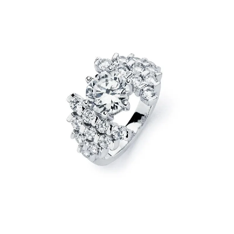 ladies ring solitaire-Silver 925 Rhodium Plated Clear Round Center Pave Set CZ Bridal Ring - BGR00586