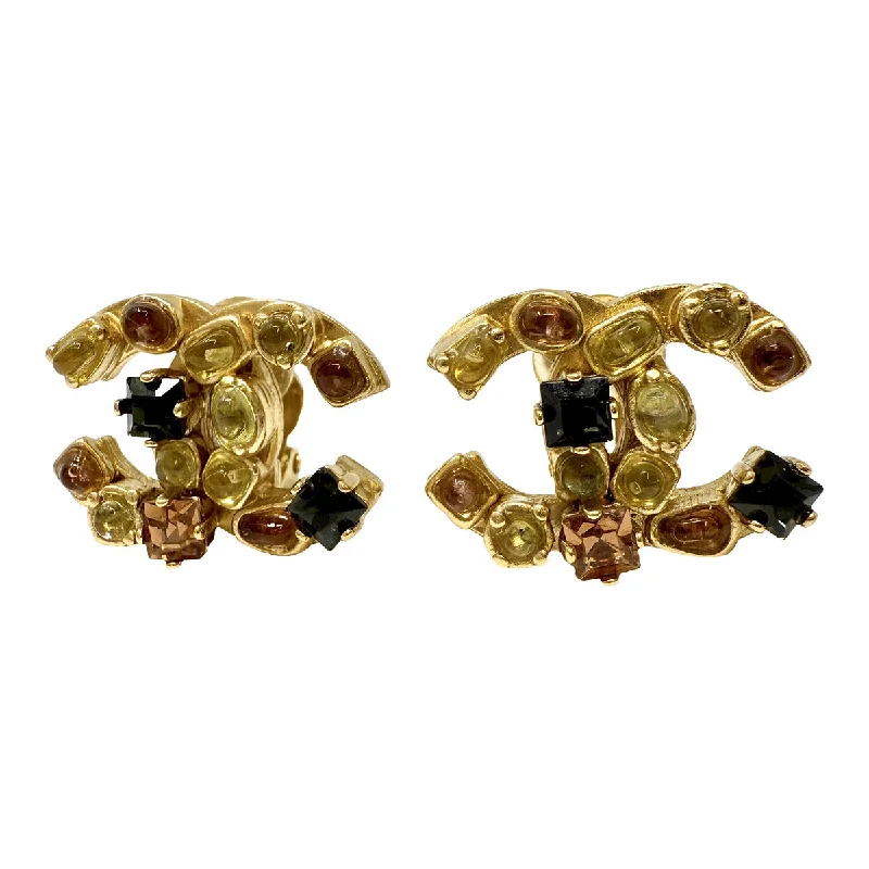 ladies earrings butterfly gold-Chanel 2001 Vintage Interlocking CC Clip-on Earrings with Multi-colored Crystals