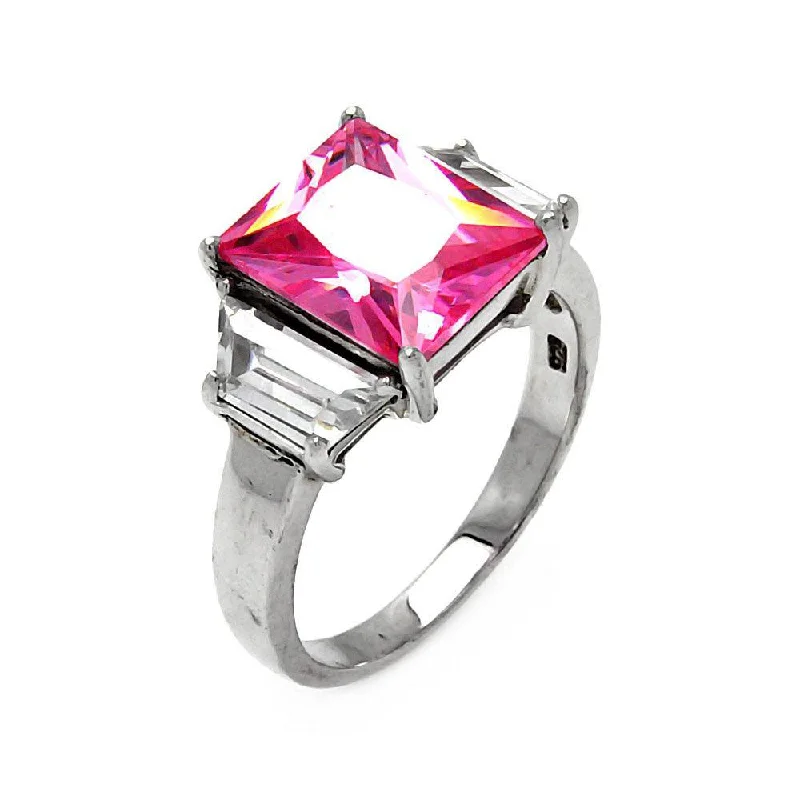 ladies ring 1920s style-Silver 925 Rhodium Plated Pink Princess Cut CZ Ring - STR00047PNK