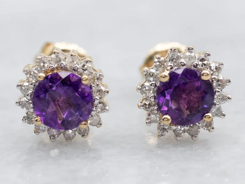 ladies earrings wedding-Amethyst and Diamond Halo Stud Earrings