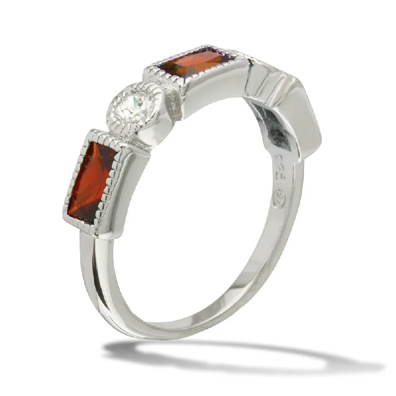 ladies ring trillion cut-Rhodium Plated 925 Sterling Silver Alternating Red Rectangle and Clear Round CZ Ring - BGR01111RED