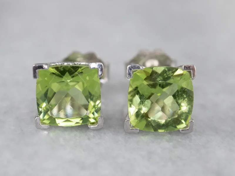 ladies earrings spring silver-Cushion Cut Peridot White Gold Stud Earrings