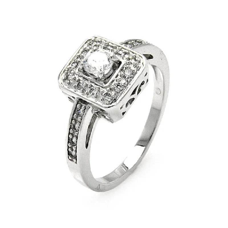 ladies ring durable-Silver 925 Rhodium Plated Round Center Clear Cluster CZ Square Ring - BGR00462