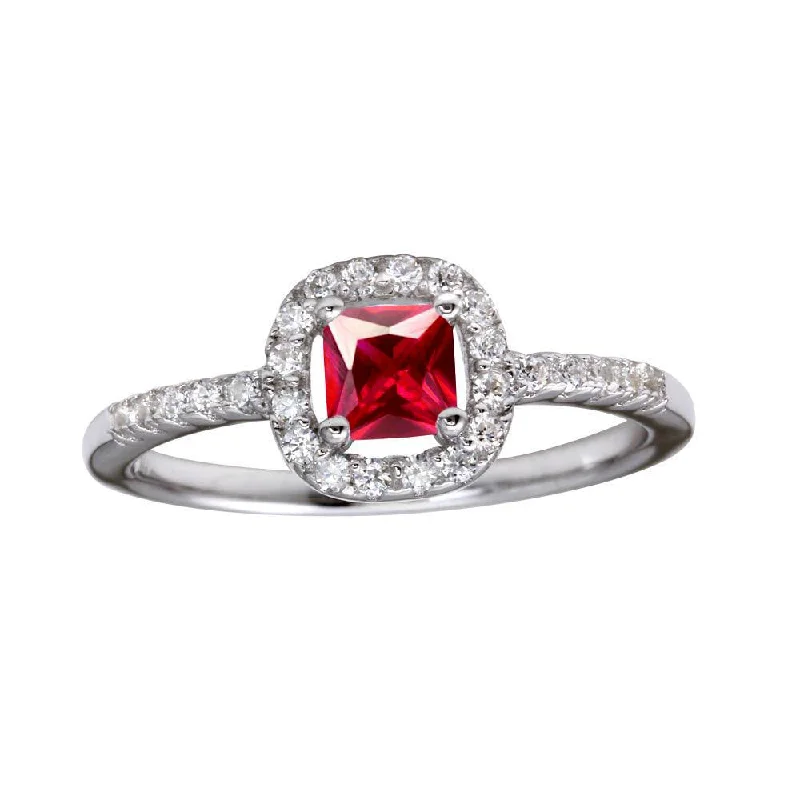 ladies ring cocktail-Rhodium Plated 925 Sterling Silver Square Clear and Red CZ Center Stone Ring - BGR01222RED