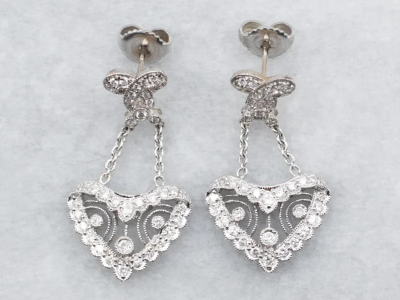 ladies earrings under 100-White Gold Diamond Filigree Drop Earrings