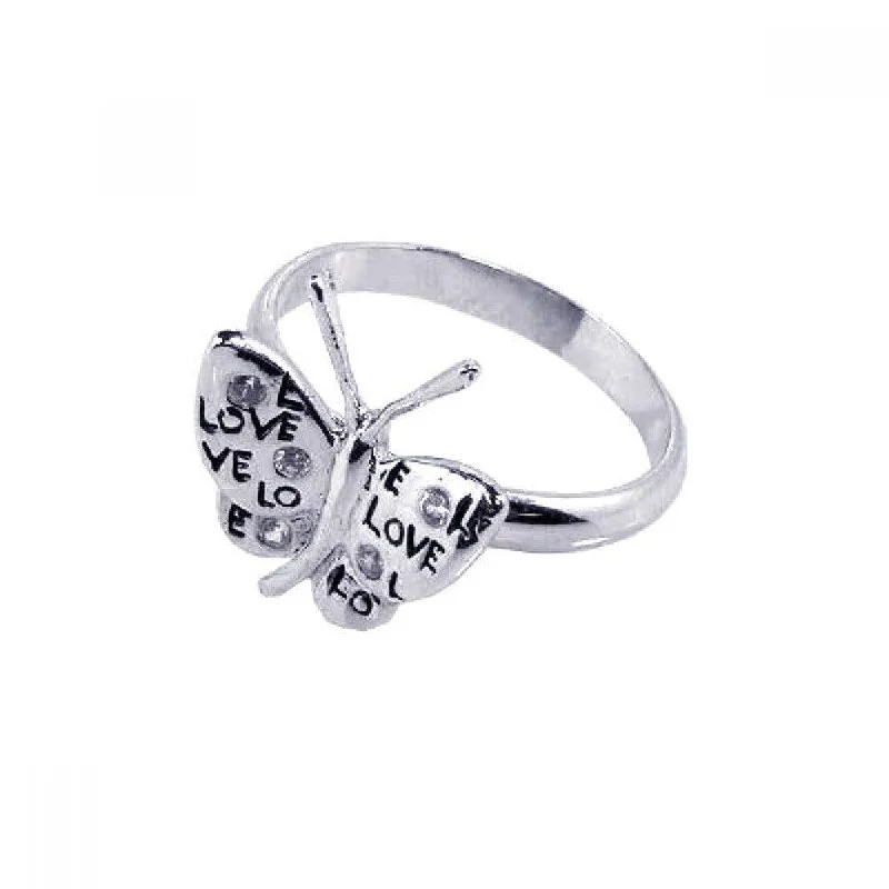 ladies ring casual-Silver 925 Rhodium Plated CZ Love Butterfly Ring - STR00403