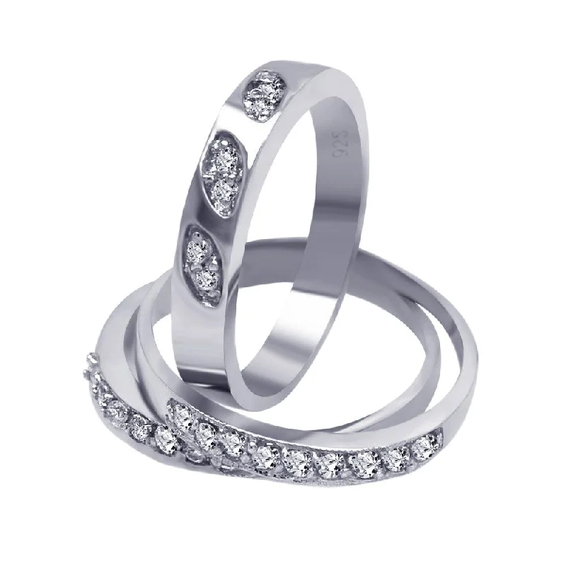 ladies ring textured-Silver 925 Rhodium Plated Clear Pave CZ Ring Set - AAR0024