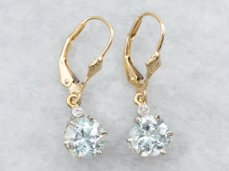 ladies earrings designer-Yellow and White Gold Round Cut Blue Topaz Drop Earrings with Old Mine Cut Diamond Accents