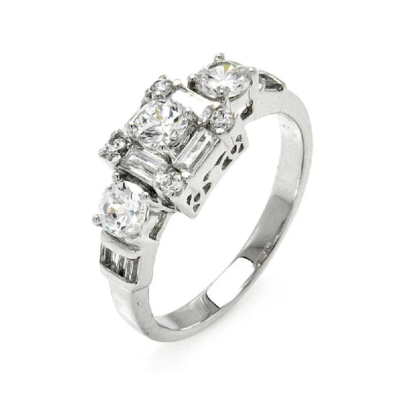 ladies ring pear cut-Silver 925 Rhodium Plated Clear Round and Baguette CZ Bridal Ring - BGR00476