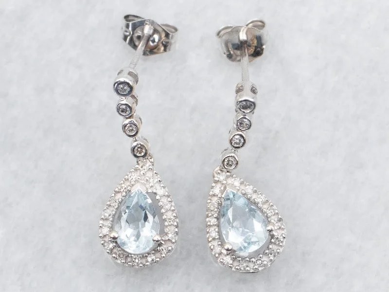 ladies earrings spiral-Teardrop Aquamarine and Diamond Halo Drop Earrings