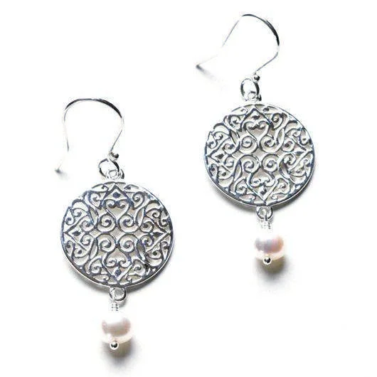 ladies earrings romantic silver-"Southern Gates" Round Earrings with Freshwater Pearls in Sterling Silver