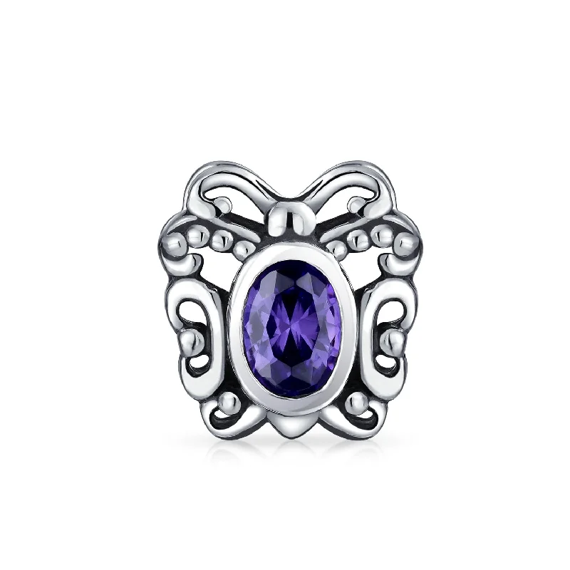 Ladies bracelets topaz vibrant styles-Purple Butterfly Charm Bead with Simulated Amethyst CZ for European Bracelet