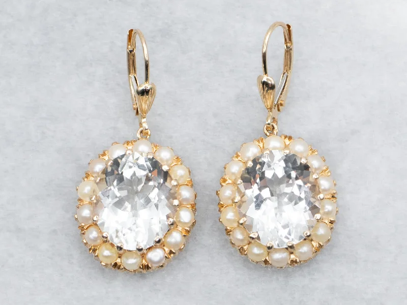 ladies earrings high-end-White Topaz Drop Earrings with Pearl Halo