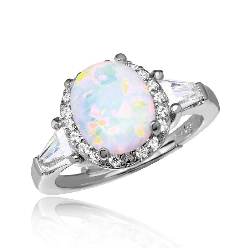 ladies ring wide band-Silver 925 Rhodium Plated Halo Ring with Synthetic Oval Opal and CZ - BGR01042