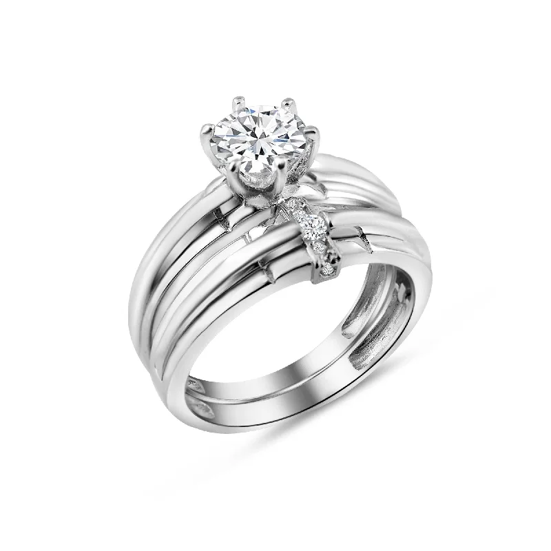 ladies ring tri-tone-Rhodium Plated 925 Sterling Silver Double Stackable Ring with CZ - GMR00267