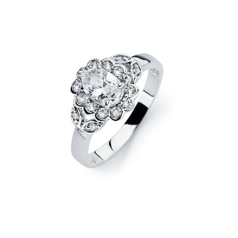 ladies ring classic-Silver 925 Rhodium Plated Clear Cluster CZ Flower Ring - BGR00730