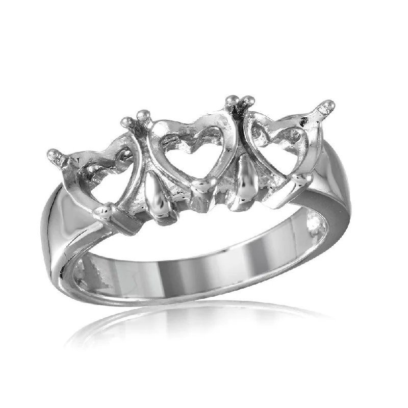 ladies ring for engagement-Silver 925 Rhodium Plated 3 Hearts Mounting Ring - BGR00501