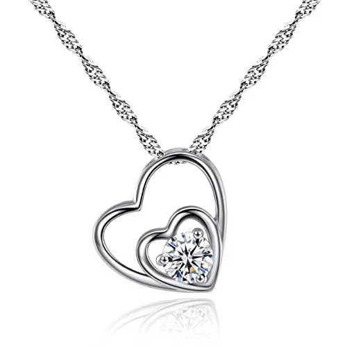 Ladies necklaces channel set necklaces-Sexy Sparkles Double Hearts Cubic Zircon Silver Tone Pendant Necklace 18 4/8inch  Silver Tone Mothers day gift idea