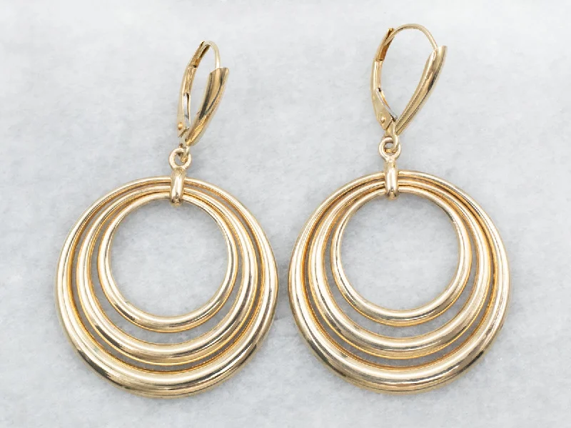 ladies earrings sale silver-Yellow Gold Triple Circle Drop Earrings