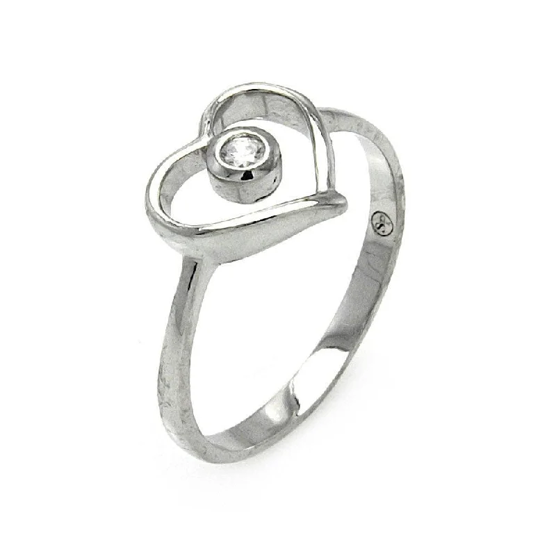 ladies ring high-end-Silver 925 Rhodium Plated Small Round CZ Open Heart Ring - STR00901