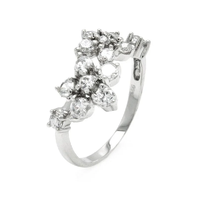 ladies ring animal motif-Silver 925 Rhodium Plated Clear CZ Flower Ring - BGR00440