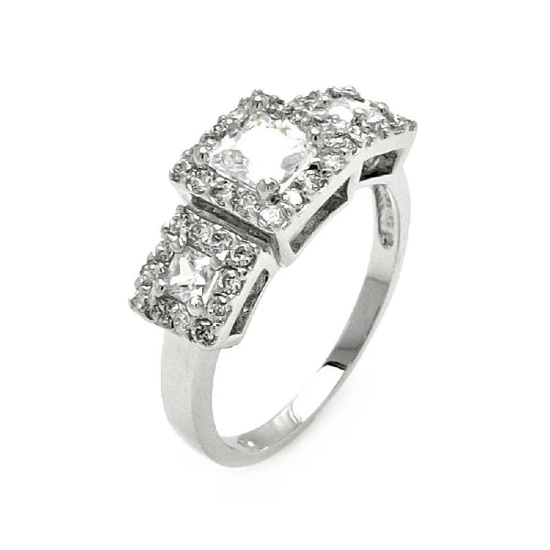 ladies ring for mother-Silver 925 Rhodium Plated 3 Set Clear CZ Square Bridal Ring - BGR00543