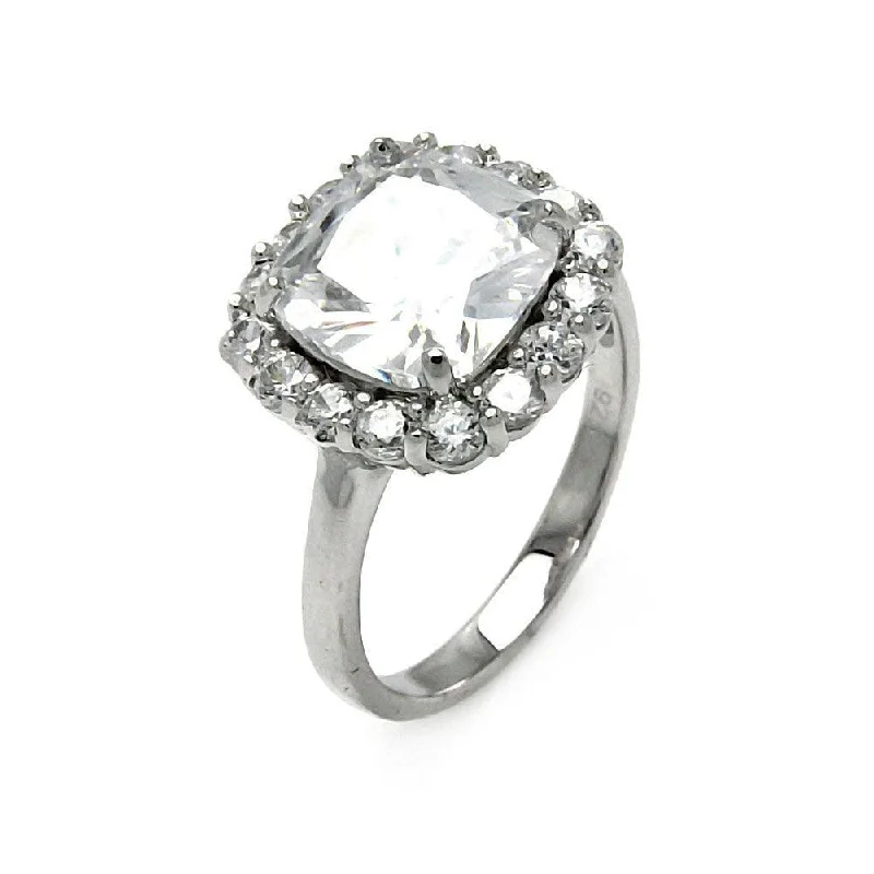 ladies ring oxidized-Silver 925 Rhodium Plated Clear Center and Cluster CZ Ring - STR00381