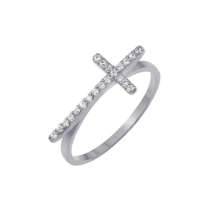 ladies ring fashion 2025-Silver 925 Rhodium Plated Clear CZ Cross Ring - BGR00810RHD