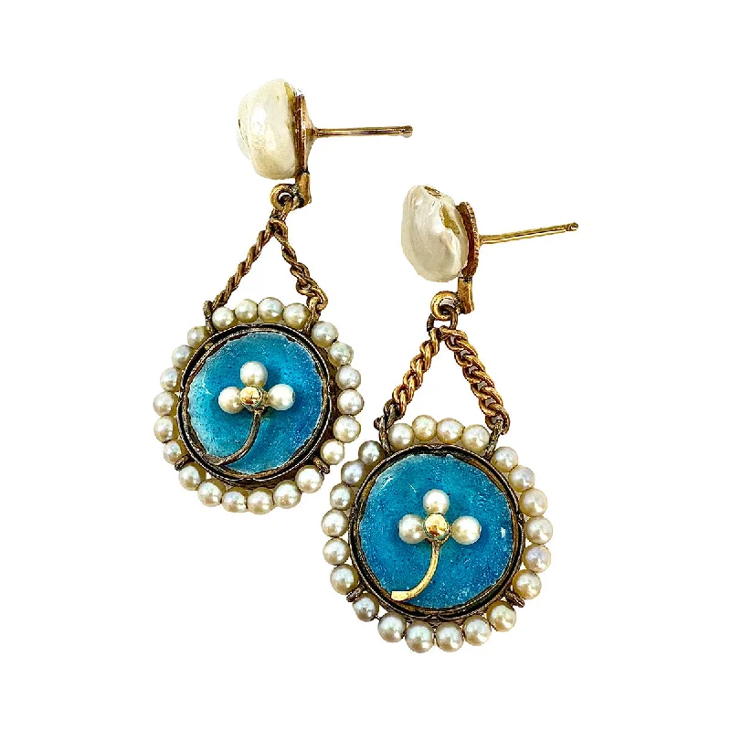 ladies earrings mixed metal-14K Gold Blue Enamel Drop Earrings with Pearls