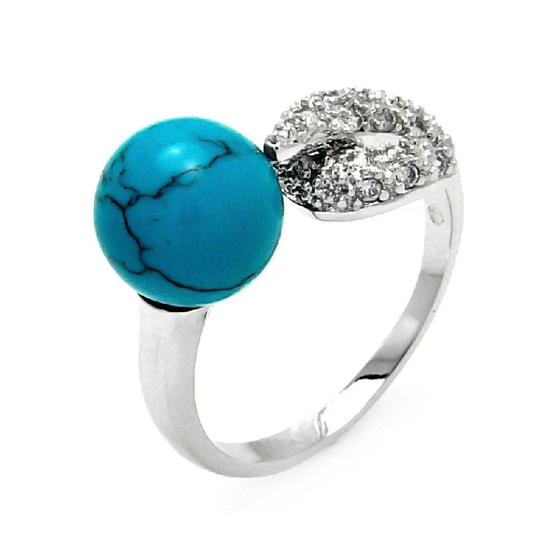 ladies ring butterfly design-Silver 925 Rhodium Plated Round Turquoise Clear Pave Set CZ Hook Ring - BGR00555