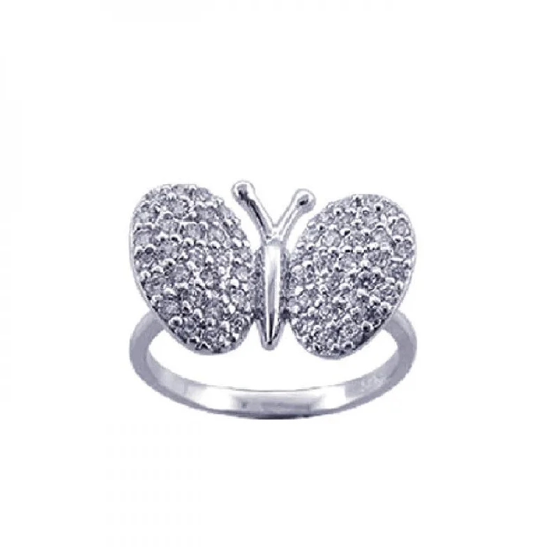 ladies ring spring gold-Silver 925 Rhodium Plated Pave Set CZ Butterfly Ring - STR00570