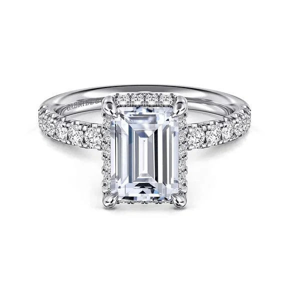 ladies engagement ring floral gold-Talisa - 14K White Gold Emerald Cut Hidden Halo Diamond Engagement Ring (Setting Only)