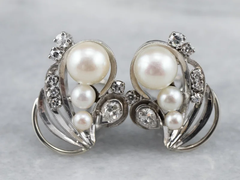 ladies earrings glossy-Retro Era Pearl and Diamond Stud Earrings