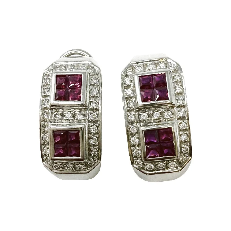 ladies earrings cyber monday gold-14K White Gold Huggie Earrings with Ruby and Diamonds